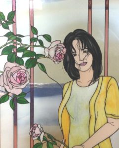 ピンクのバラと女性　ステンドグラス女性